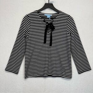 Draper James Top XS Black White Striped 3/4 Sleeve Classy Preppy Bow